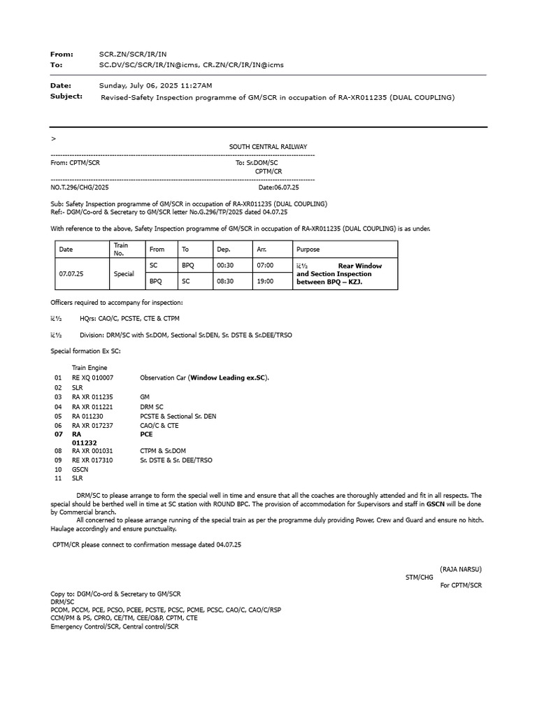 Revised Safety Inspection Programme of GM SCR in Occupation of RA ...