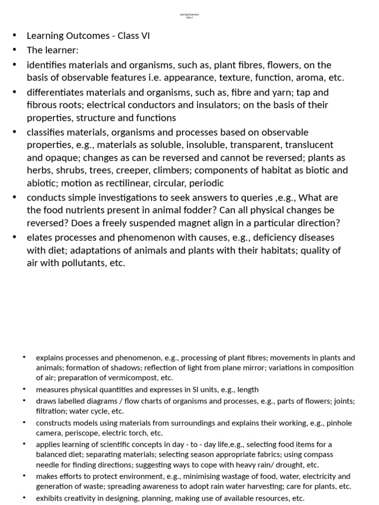 Science Learning Outcomes for Class 6 | PDF | Plants | Water