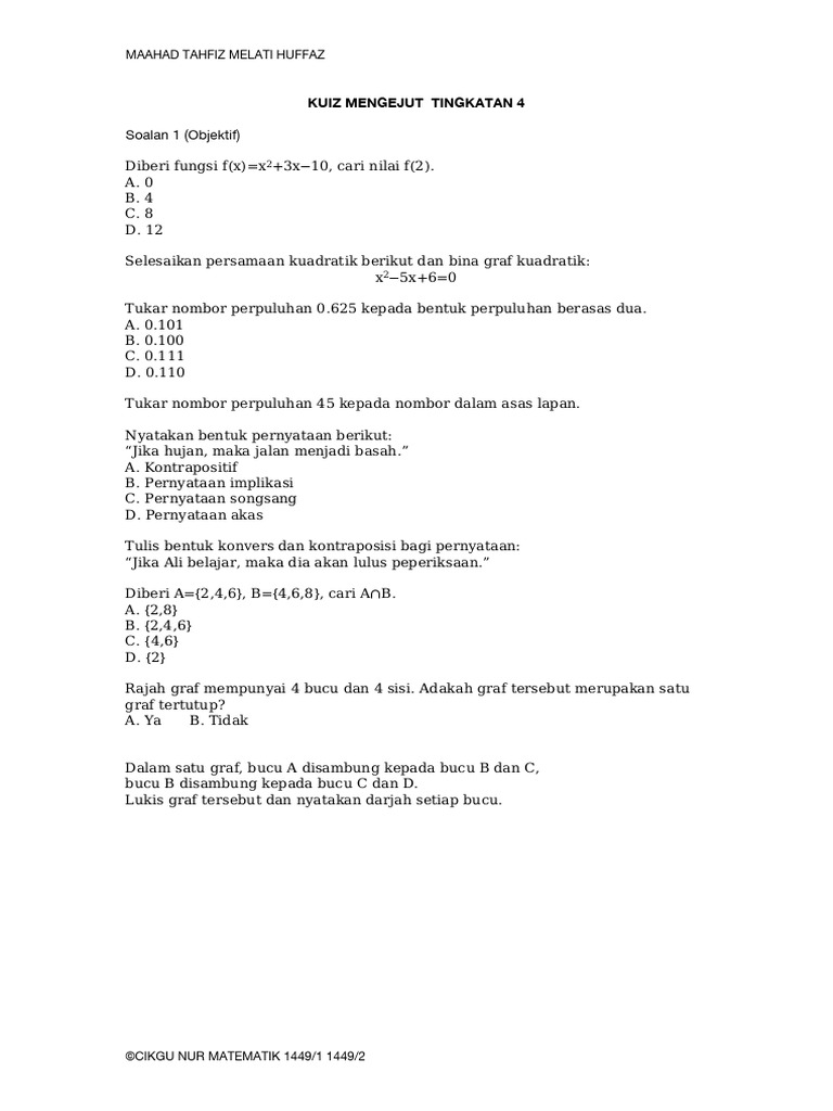 Kuiz Mengejut Tingkatan 4 | PDF