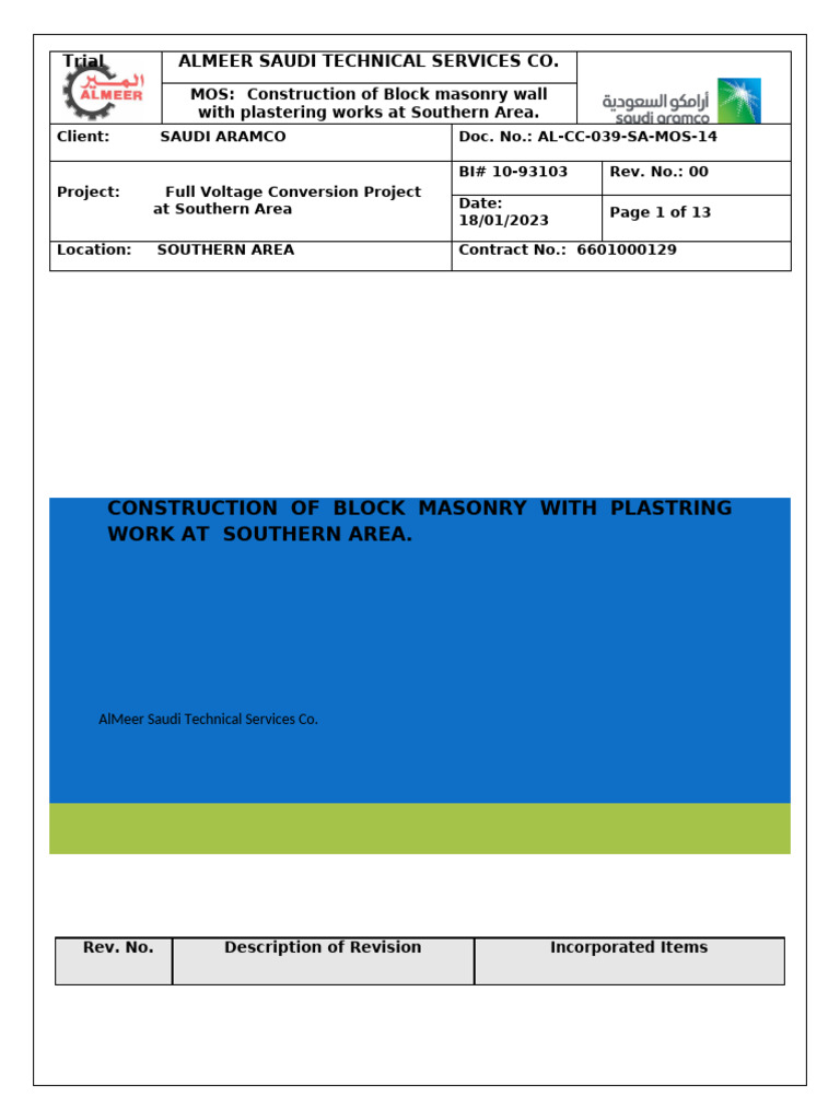 Block Masonry Construction Method Statement | PDF | Concrete | Masonry