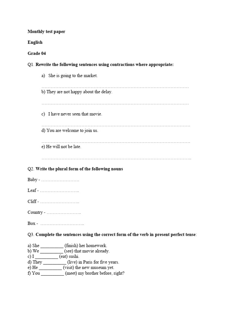 Monthly Test Paper English Grade 04 Rewrite The Following Sentences ...