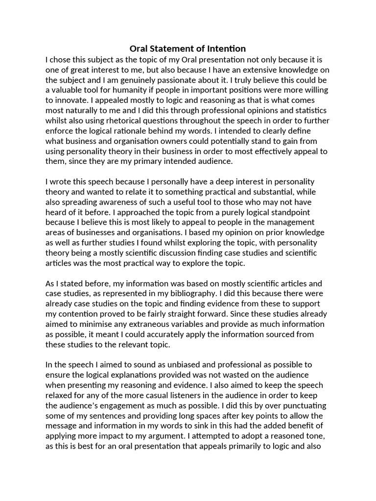 Oral Statement of Intention | PDF | Theory | Public Speaking