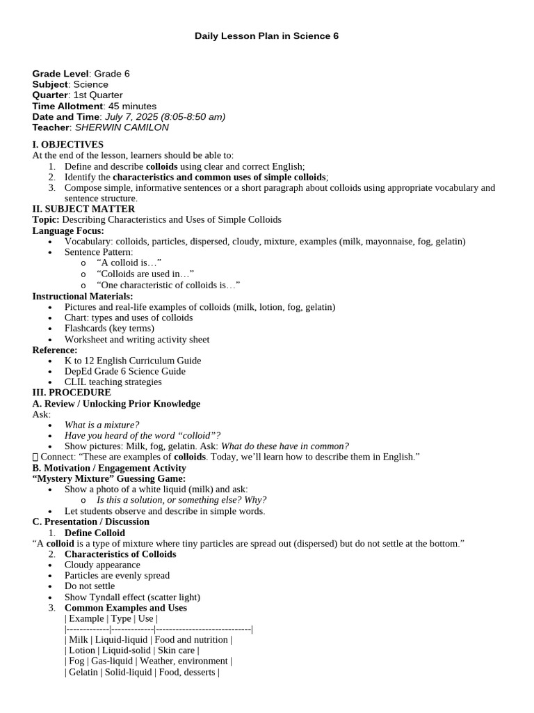 Grade 6 Science: Colloids Lesson Plan | PDF | Colloid | Lesson Plan