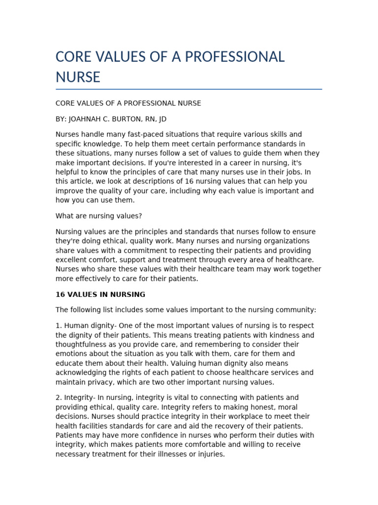 Core Values of Professional Nursing | PDF | Nursing | Patient