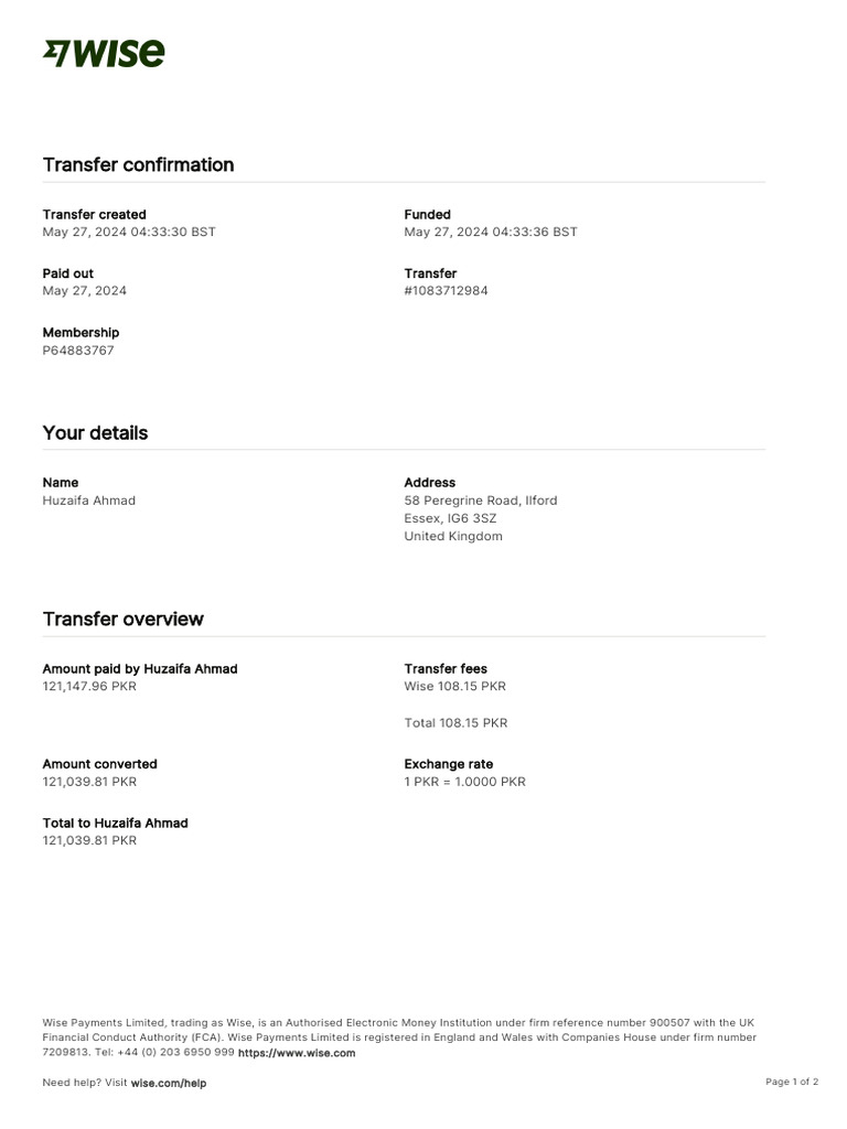 Wise Transaction Invoice Transfer 1083712984 3123120985 en | PDF | Wire ...
