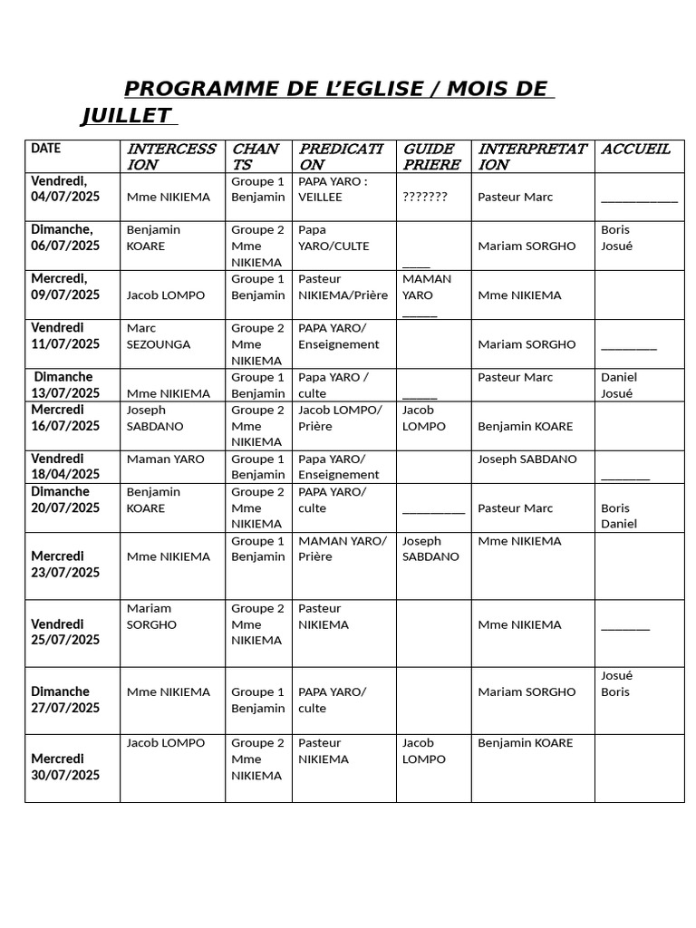 Programme Église Juillet 2025 | PDF