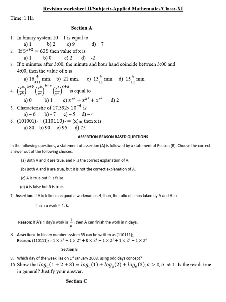 Applied Mathematics Revision Worksheet XI | PDF | Chess Theory | Chess