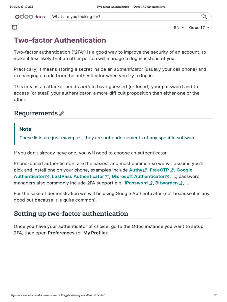 Odoo 17: Setting Up Two-Factor Authentication | PDF | Password | Login