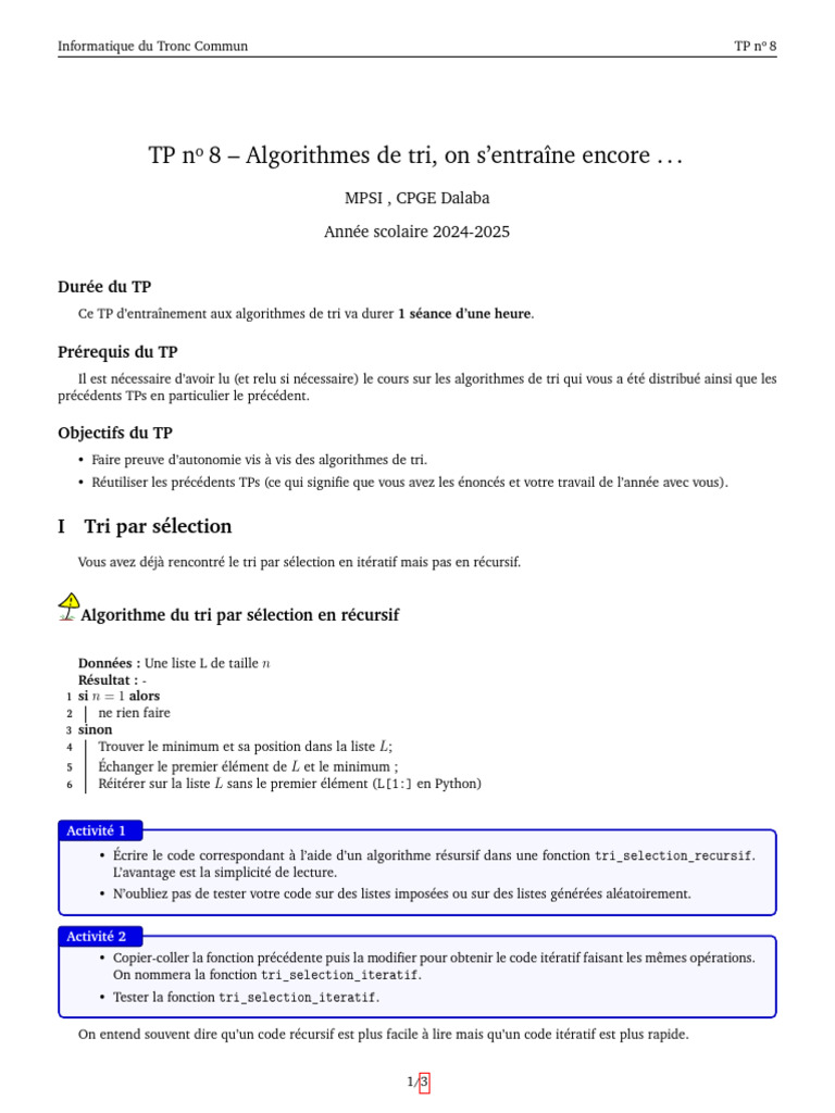 TP Algorithmes de Tri en Informatique | PDF | Structure de contrôle ...
