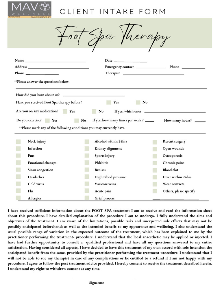 Spa Client Intake Form | PDF | Medical Specialties | Diseases And Disorders