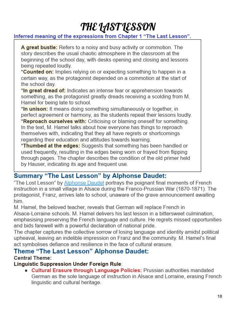 Last Lesson Analysis: Themes & Characters | PDF | Literacy ...