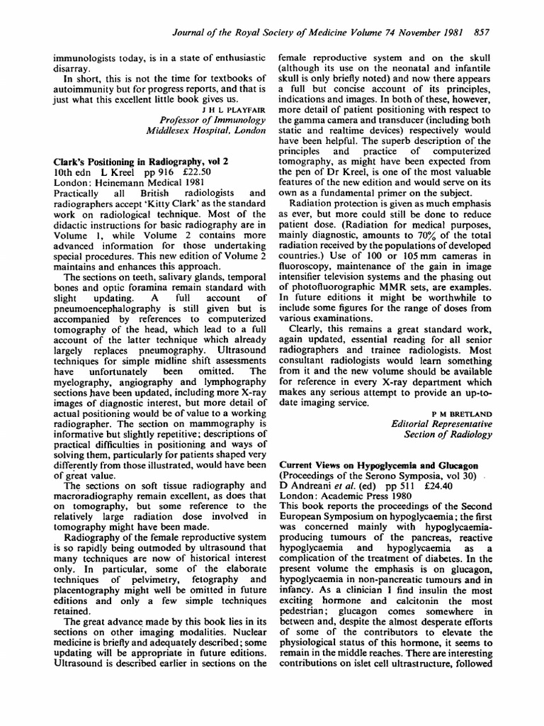Bretland 1981 Book Review Clark S Positioning in Radiography Vol 2 ...