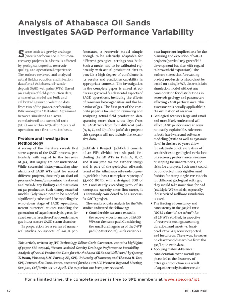 Analysis of Athabasca Oil Sands Investigates SAGD Performance ...