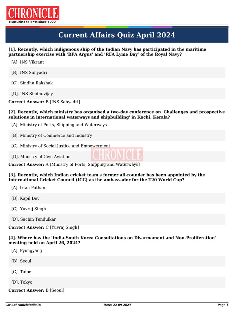 Current Affairs Quiz April 2024 | PDF