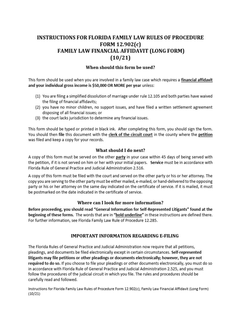 Instructions FOR Florida Family LAW Rules OF Procedure Form 12.902 (C ...