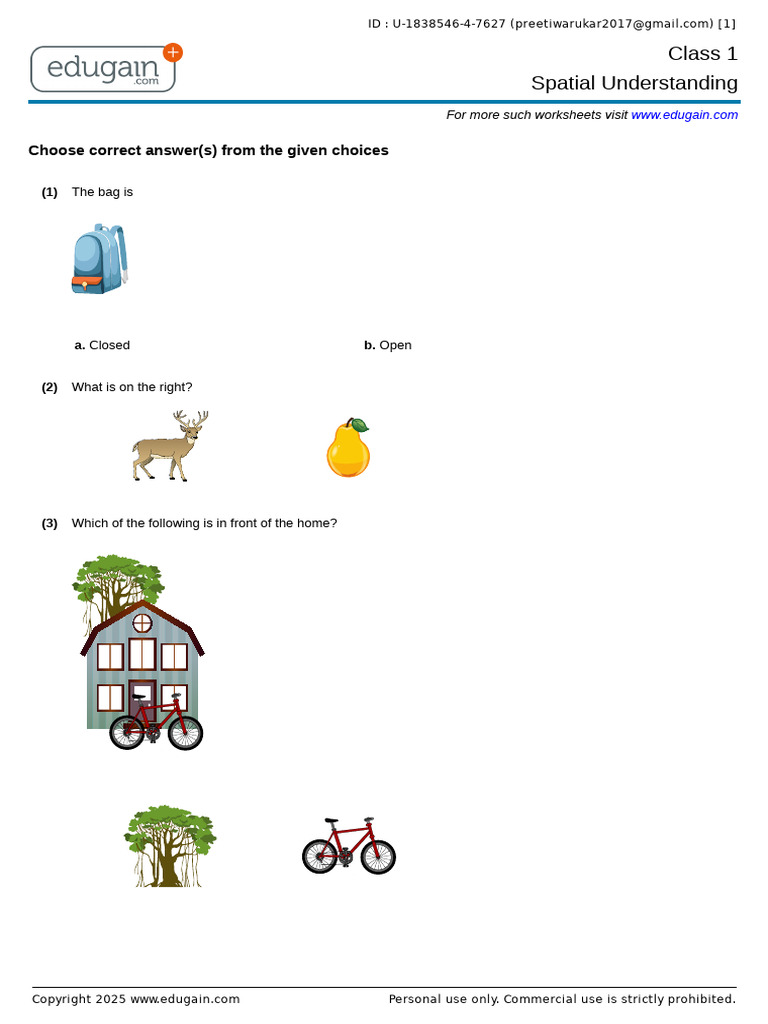 Class 1 Spatial Understanding Worksheet | PDF