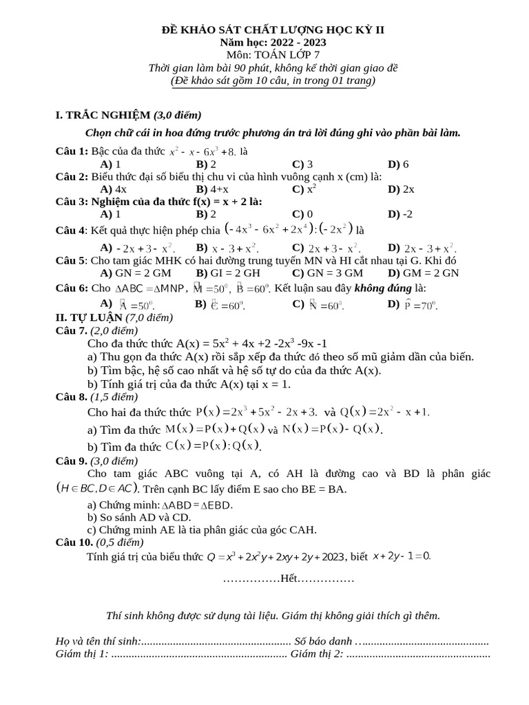 Bản chuẩn DE -HDC HK II - TOAN 7 (22-23) | PDF