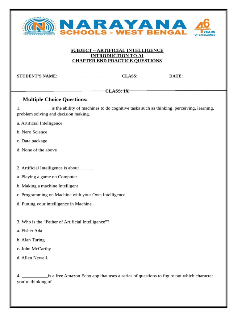 AI Concepts for Class 9 Students | PDF | Artificial Intelligence ...