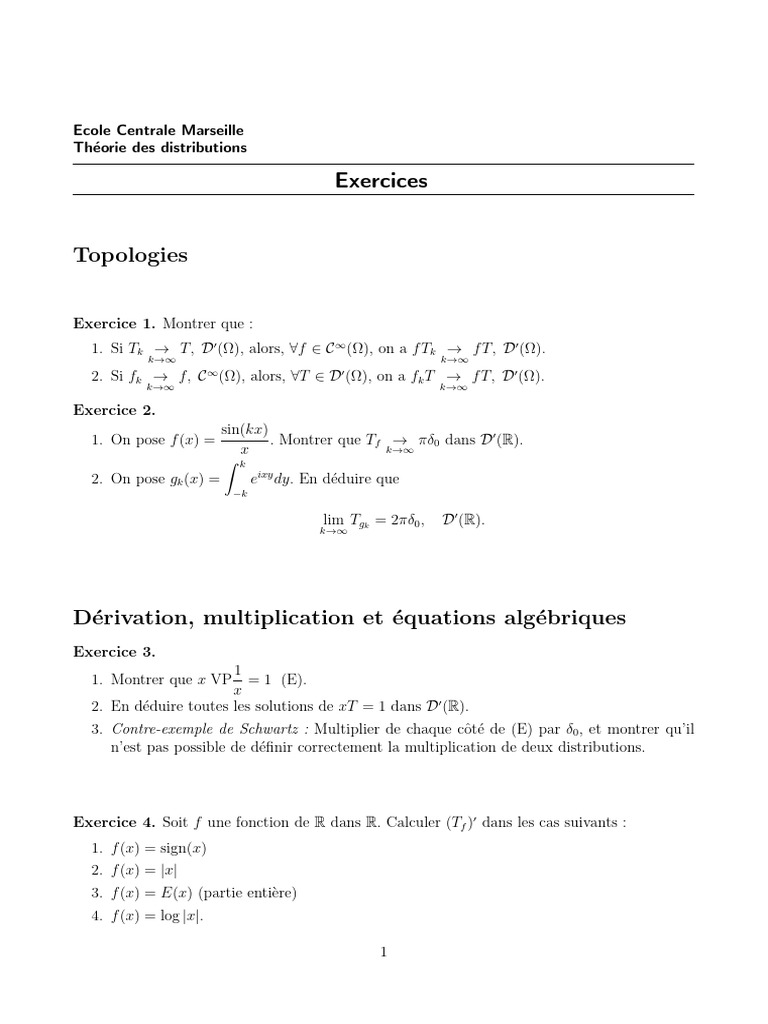 Exercices sur les distributions et topologies | PDF | Distribution ...