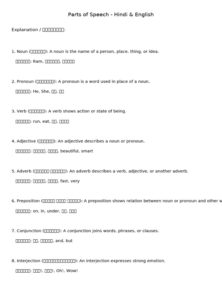 Parts of Speech Hindi English | PDF