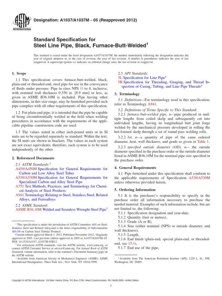 A1037A1037M-05 (2012) Standard Specification For Steel Line Pipe, Black ...