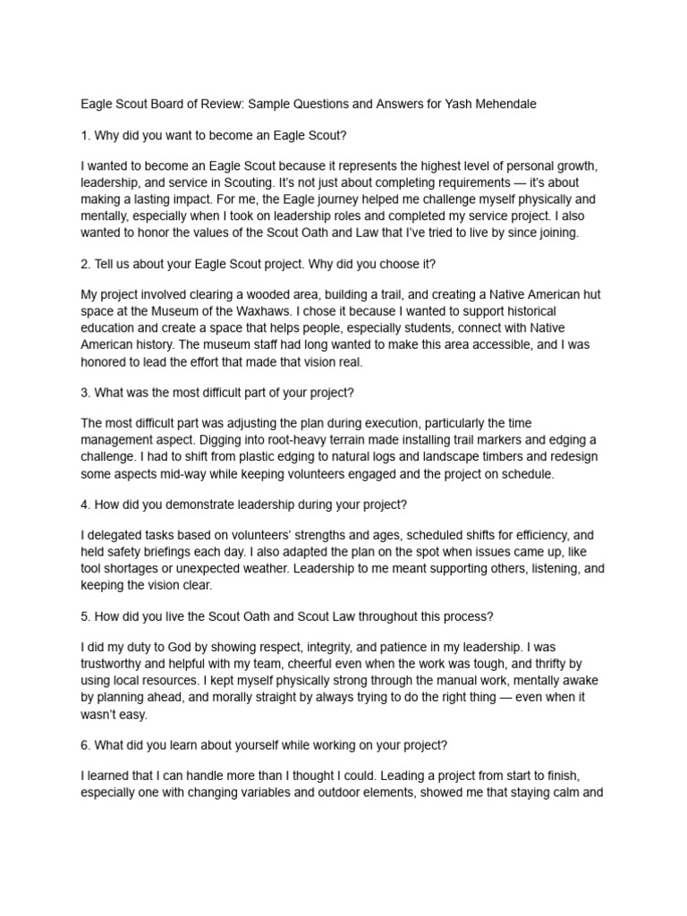 Eagle Scout Board of Review - Sample Questions and Answers For Yash ...