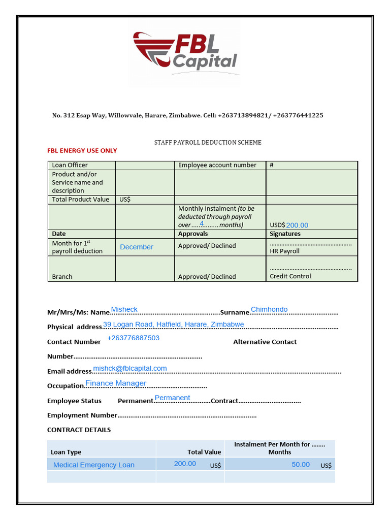 FBL Energy Staff Credit Application Form | PDF | Employment | Payroll