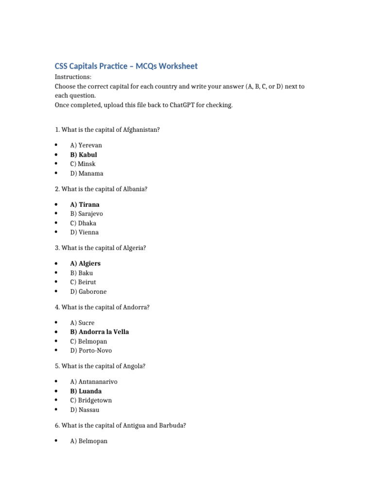 CSS Capitals Practice MCQs | PDF | Chess Theory | Chess Openings