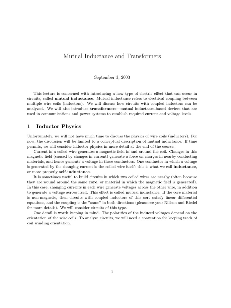 Mutual Inductance and Transformers: 1 Inductor Physics | PDF ...