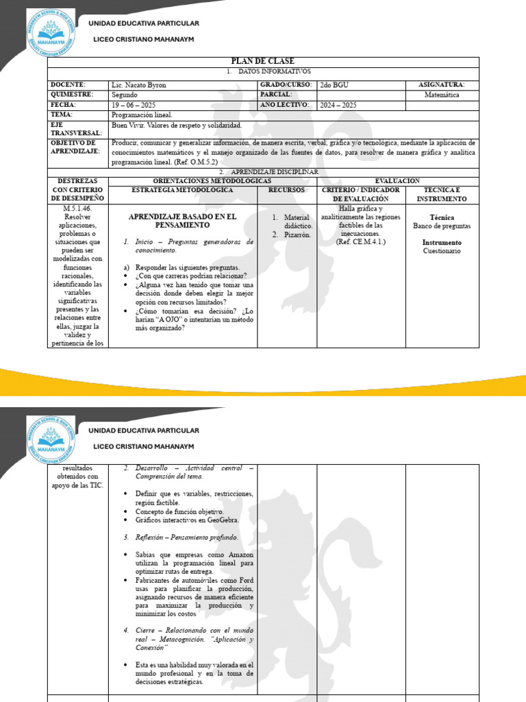 Plan de Clase 1 | PDF | Programación lineal | Evaluación