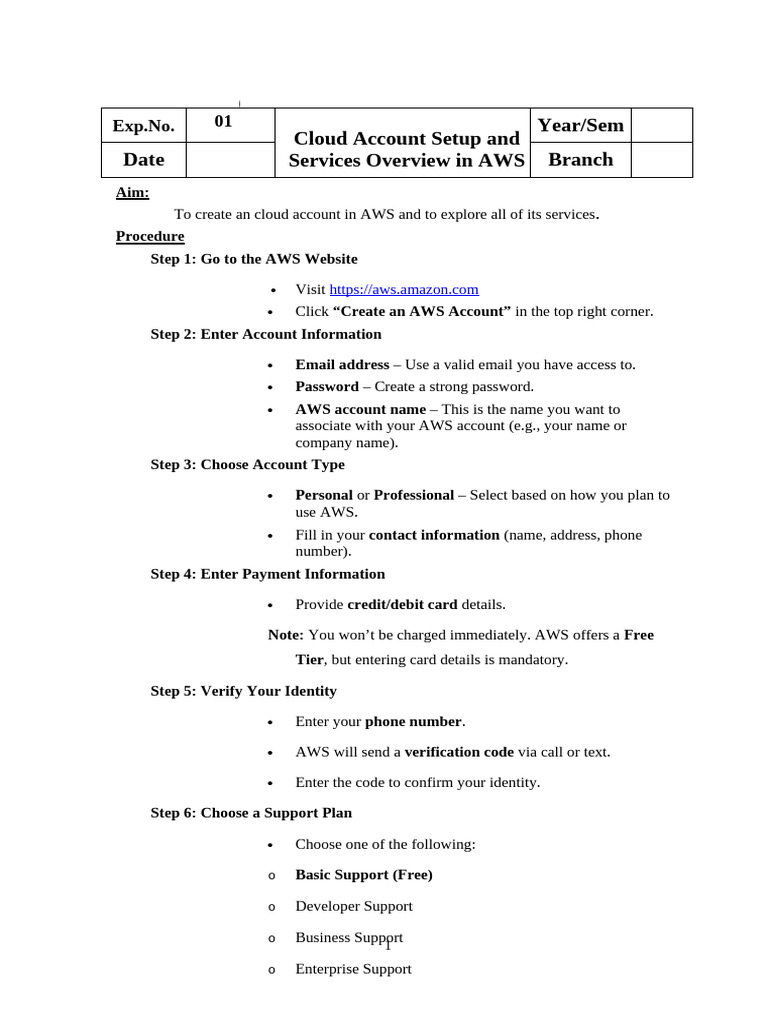 19AI541 CC Ex.1 AWS Cloud Account Setup | PDF | Computing | Computer ...