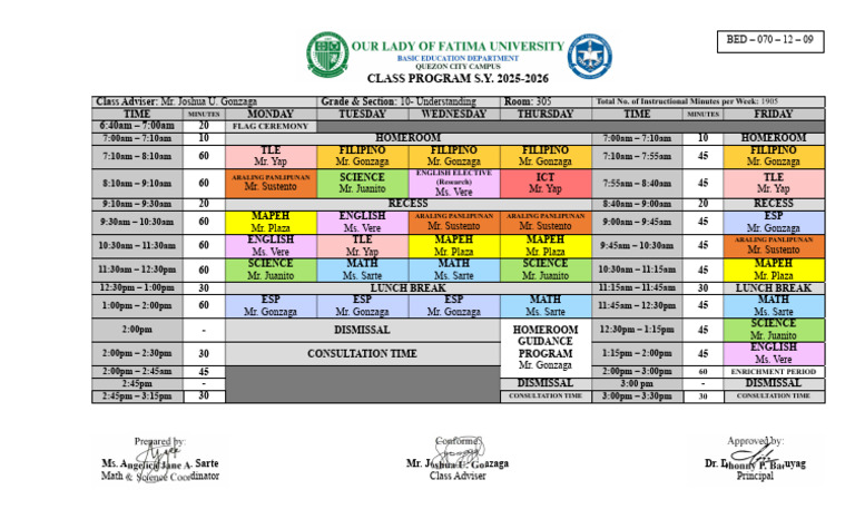Grade 10 Class Schedule 2025-2026 | PDF