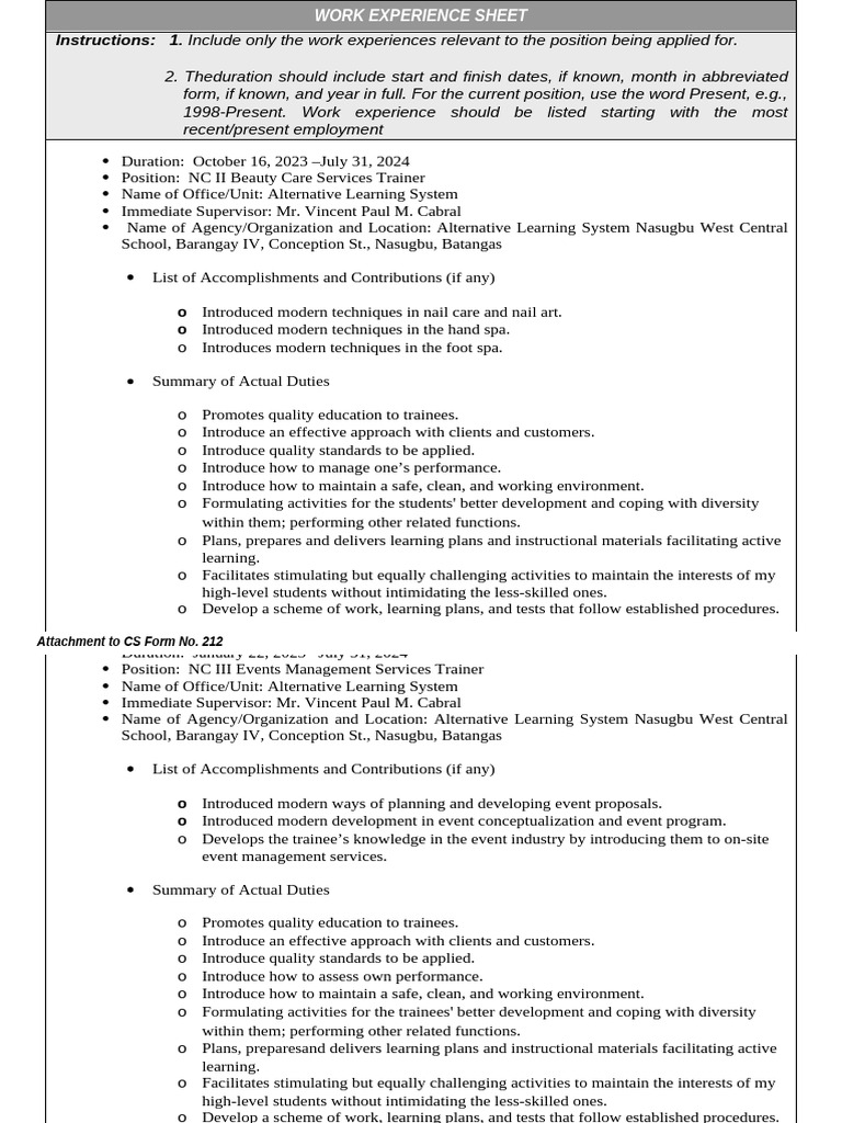 CS Form No. 212 Attachment Work Experience Sheet Marasigan | PDF ...