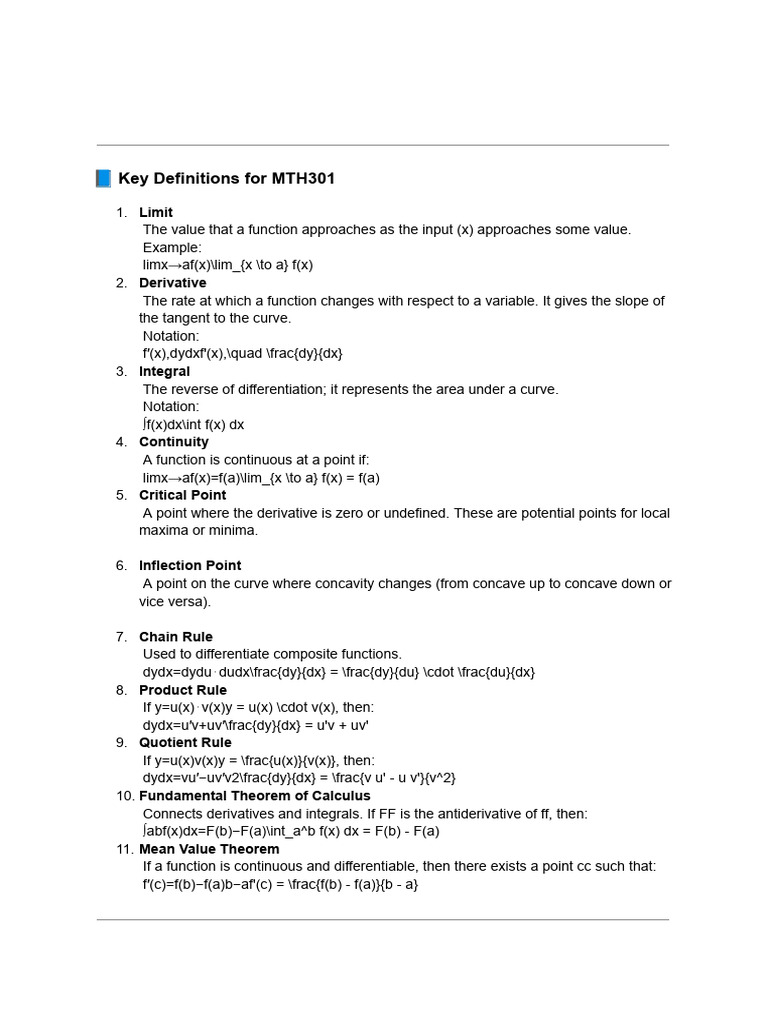 MTH 301 Definations | PDF