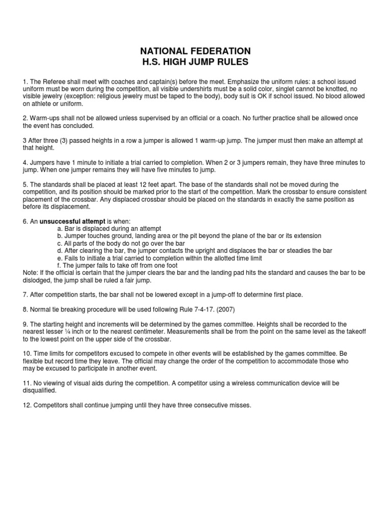 High School High Jump Rules Summary | PDF | Referee | Hobbies