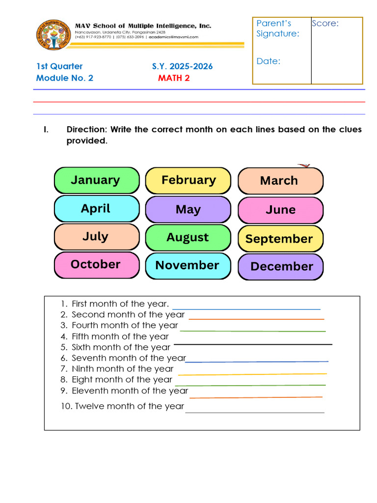 Math 2 Module: Months of the Year | PDF