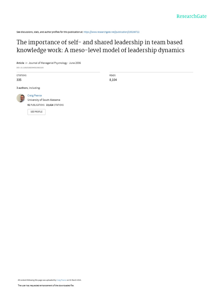 Self and Shared Leadership in Teams | PDF | Self Efficacy | Leadership