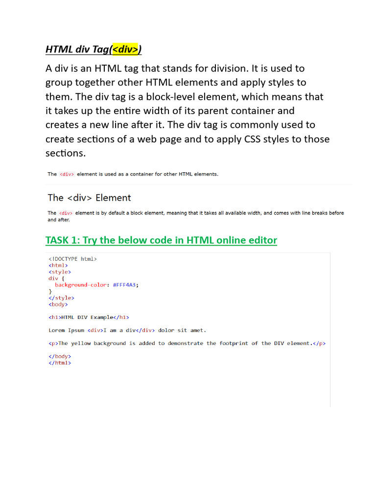 HTML Div Tag Usage and Examples | PDF
