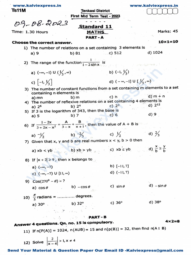 Class 11 Midterm Maths Exam 2023 | PDF | Elementary Mathematics ...