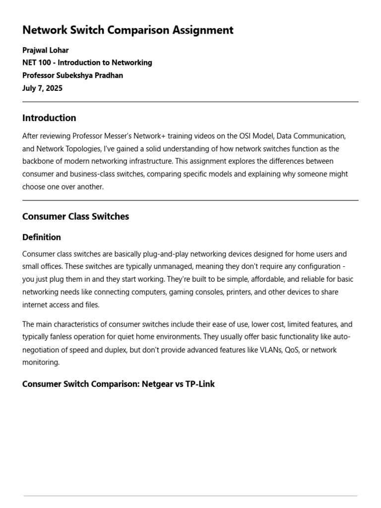 Network Switch Comparison Assignment | PDF | Computer Network | Cloud ...