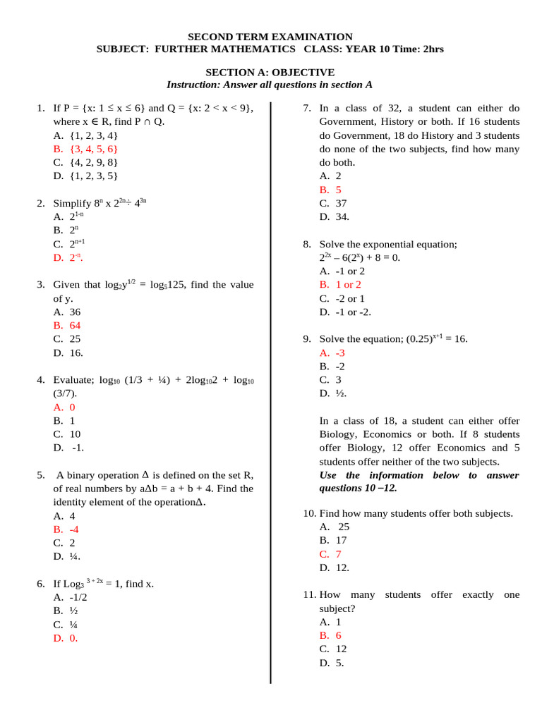 Year 10 Further Mathematics Exam | PDF | Function (Mathematics ...