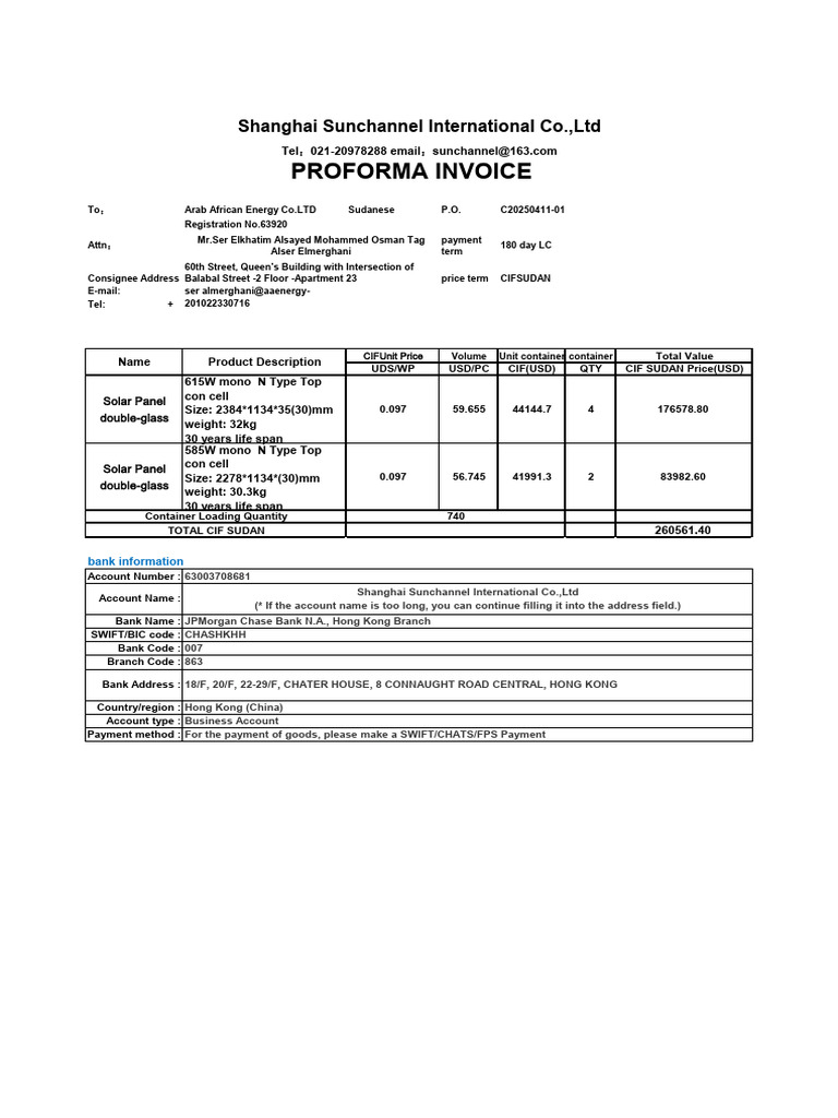 Proforma Invoice for Solar Panels to Sudan | PDF | Banking