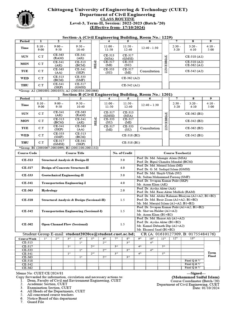 L-3, T-II Class Routine - 2022-23 (20 Batch) | PDF