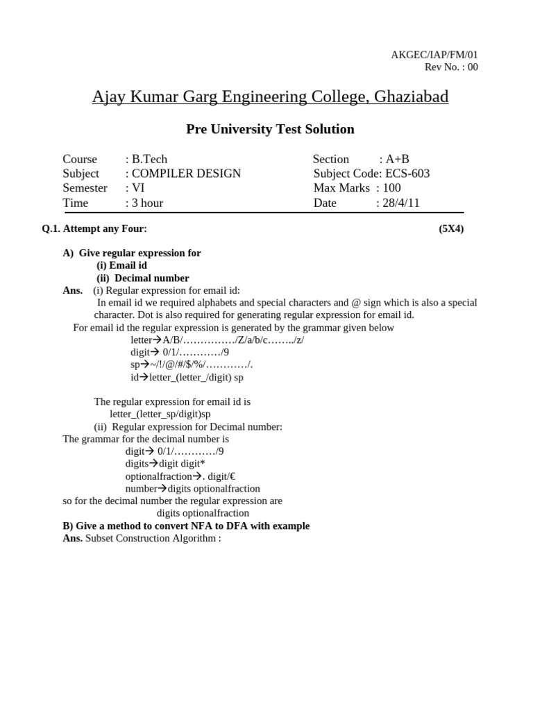 Compiler Design Pre University Test Solutions | PDF | Computer ...