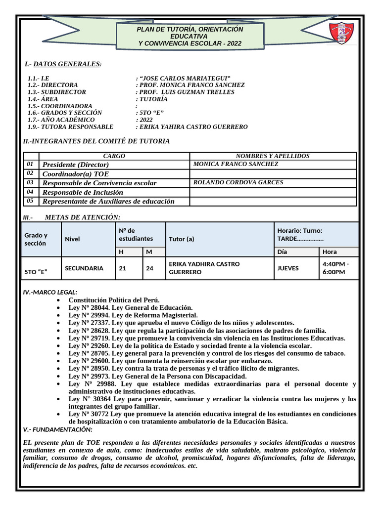Plan de Tutoría y Convivencia Escolar 2022 | PDF | Abuso infantil ...