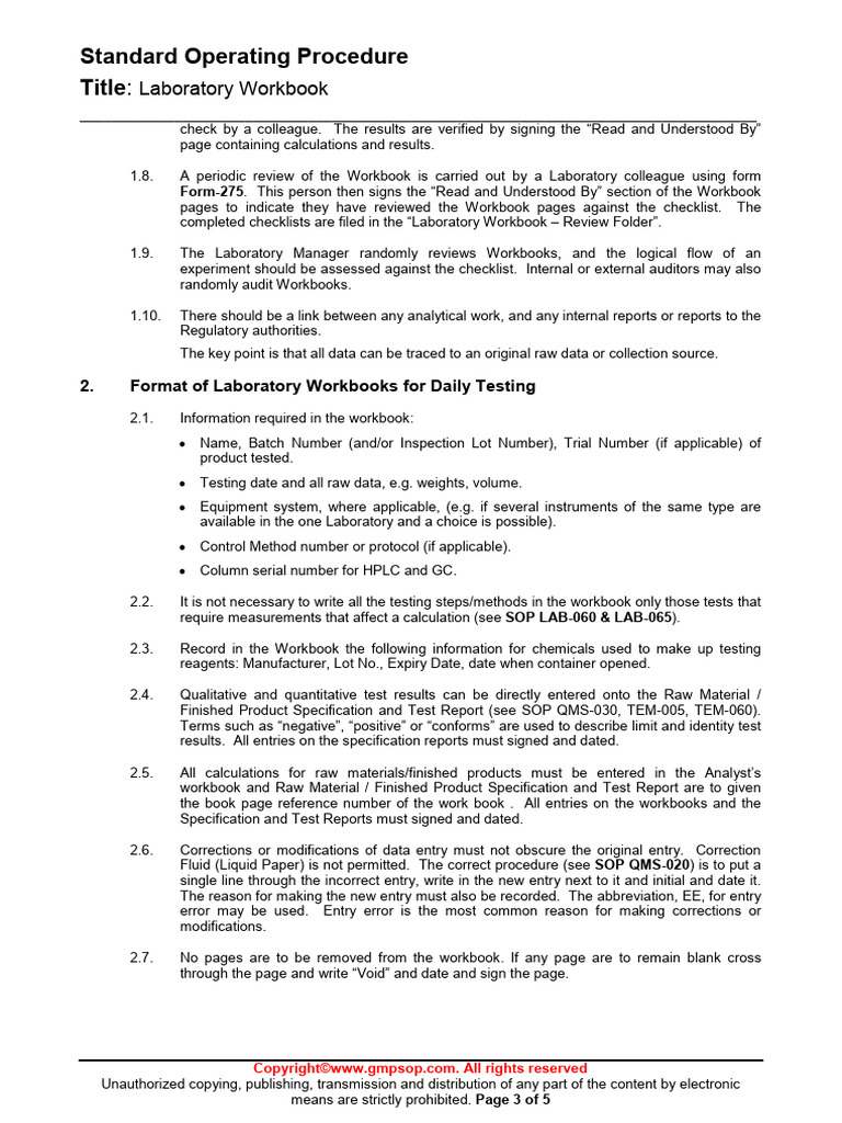 Laboratory Workbook SOP Guidelines | PDF | Laboratories | Audit
