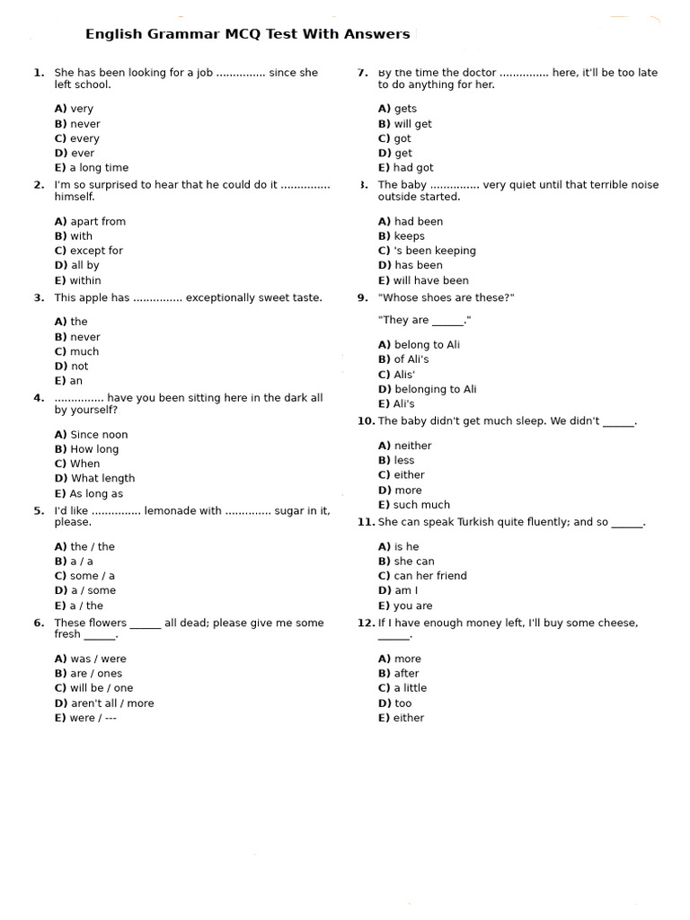 630 English Grammar MCQ Test With Answers Lower Intermediate 03 | PDF ...