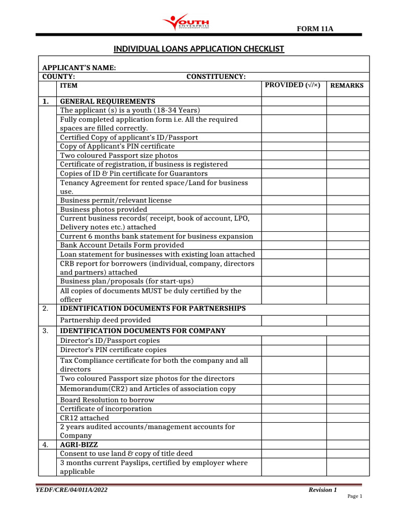 Form 11a Individual Loan Application Checklist | PDF | Identity ...