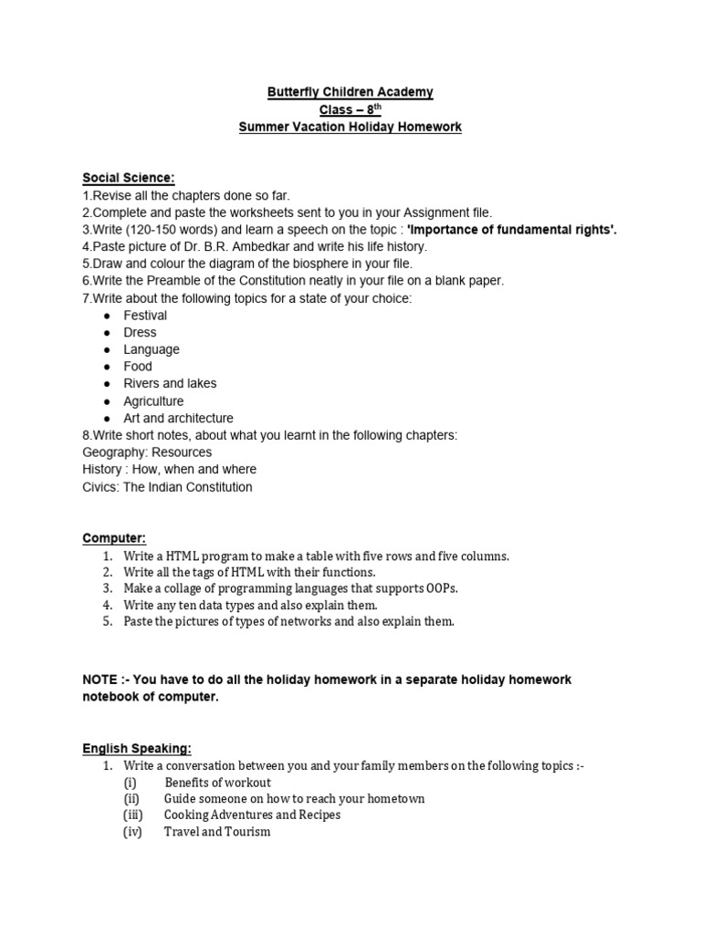 Class 8 Summer Vacation Homework | PDF