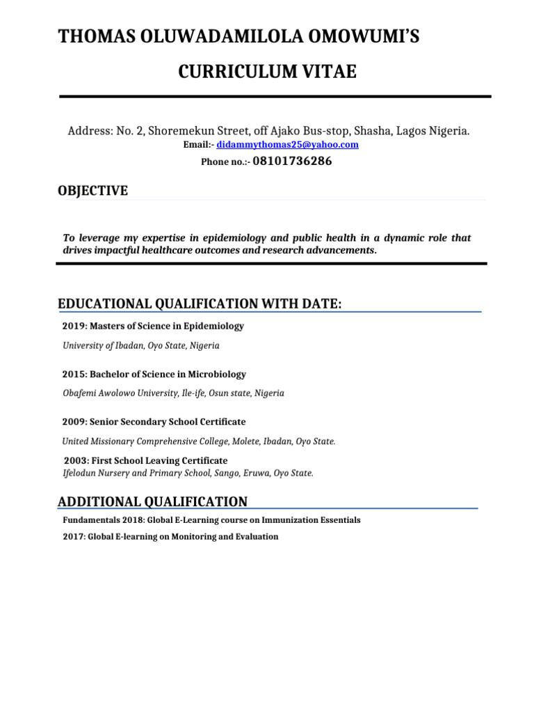Oluwadamilola Thomas: CV Overview | PDF | Health Care